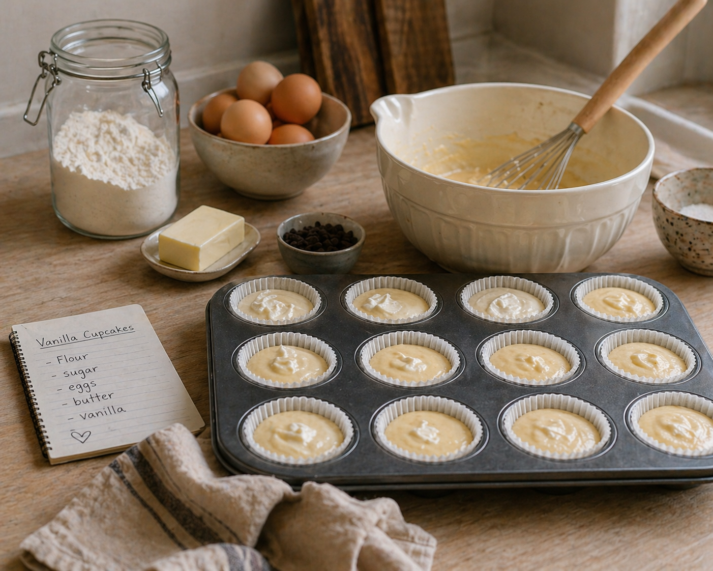 Cupcake batter and baking ingredients prepared on a kitchen table