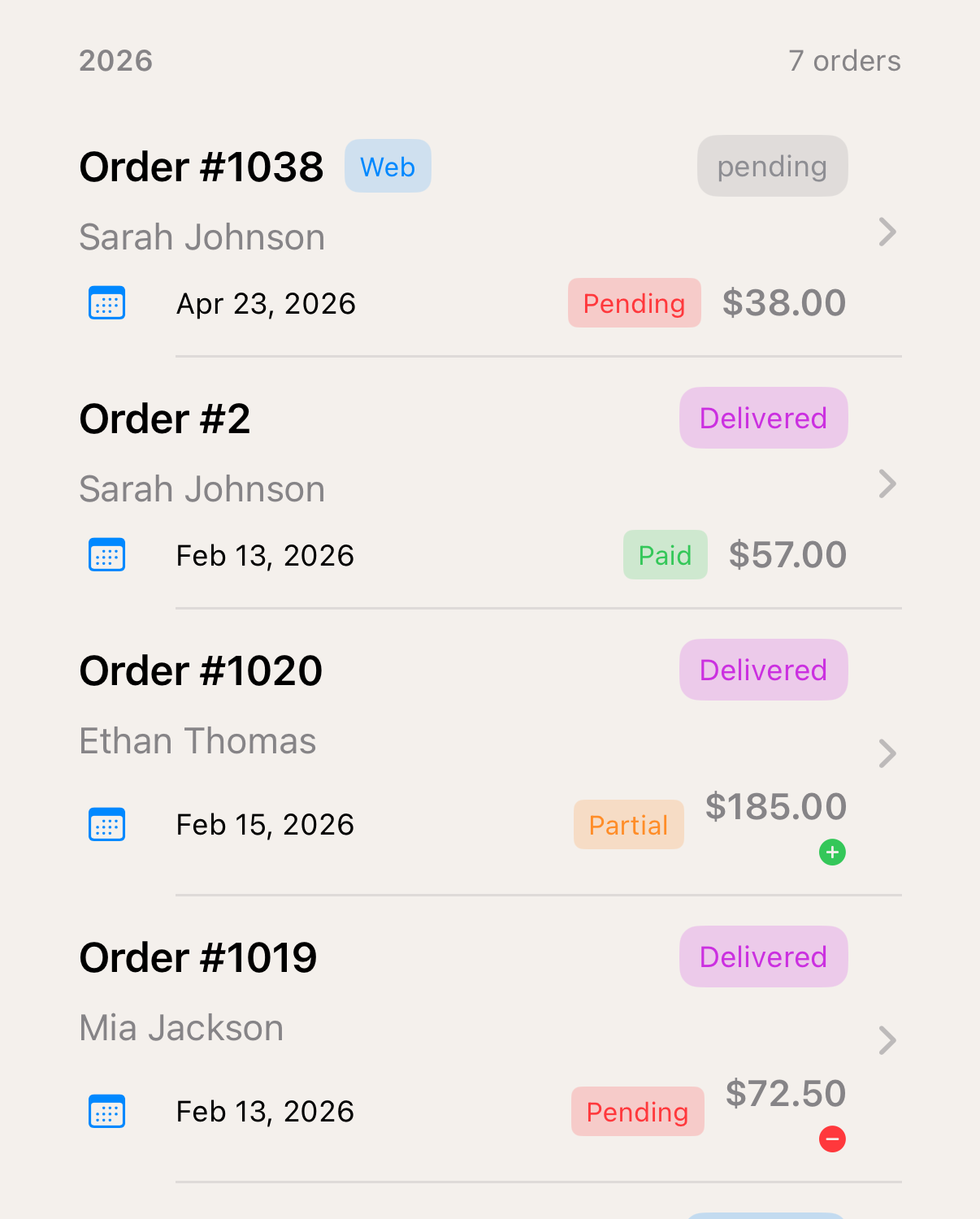 Mudita Orders screen showing pending, paid, and delivered orders