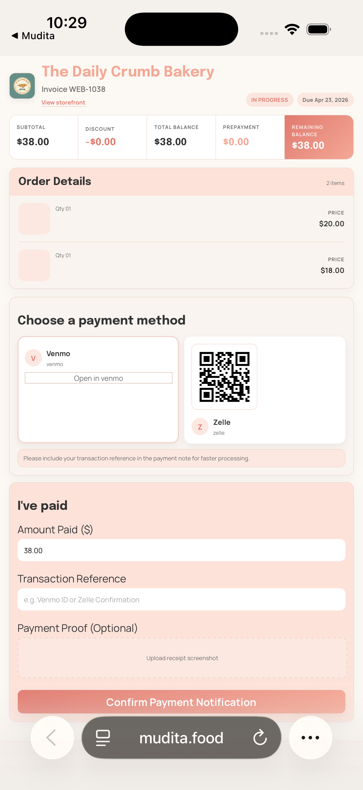 Mudita invoice page customer view