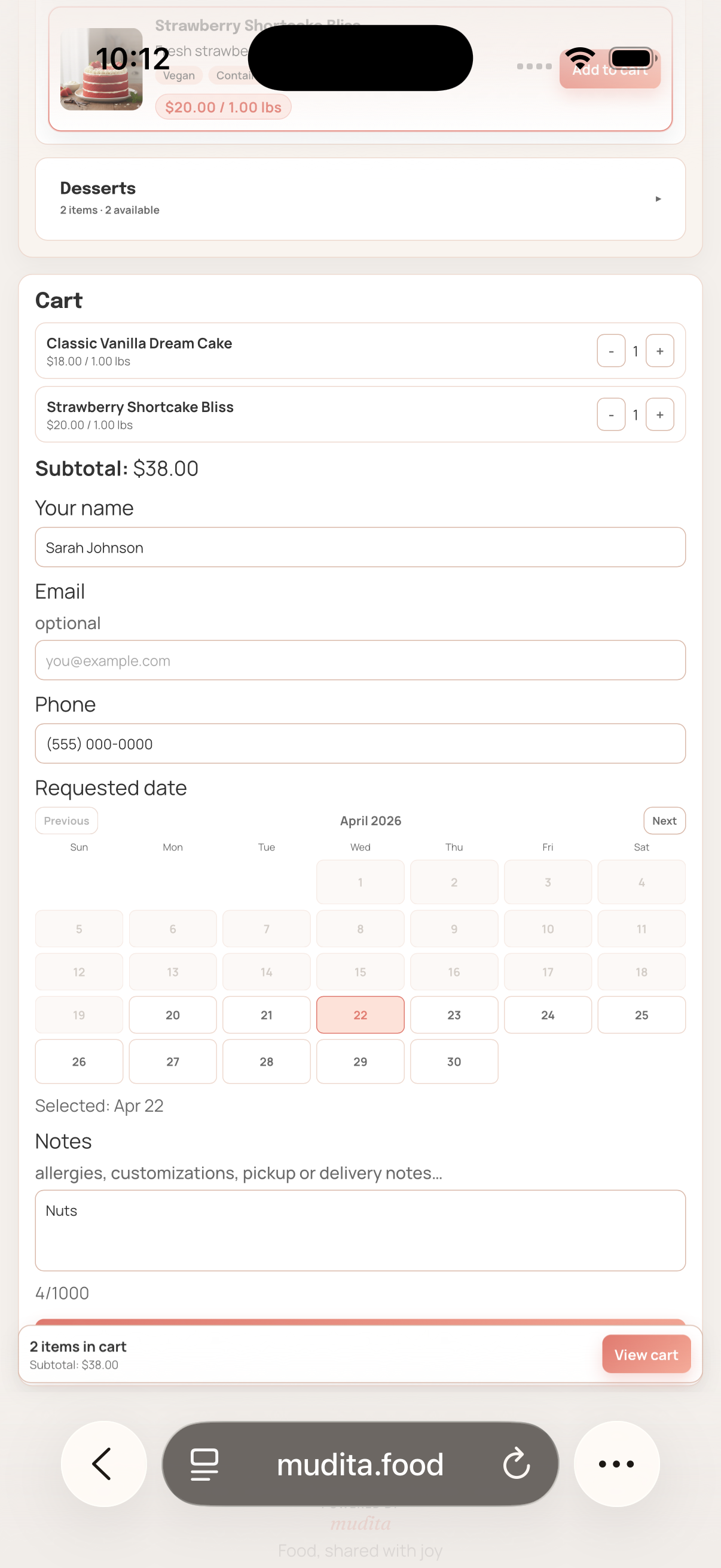 Mudita cart and order submission screen