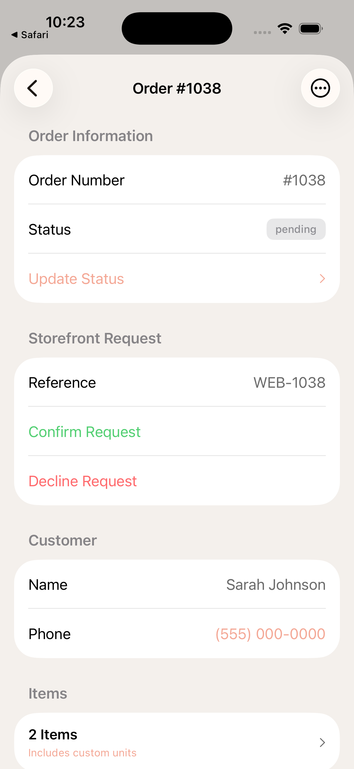 Mudita order confirmation screen